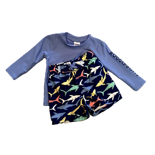 6-12 Boys Rugged Butts Cornflower Blue Swim Long-Sleeved Shirt with Matching Dark Blue Multi-Colored Swim Trunks