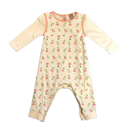 6-12 Girls Hallmark Baby Off-White Floral Jumpsuit w/Orange Scallop Detailing