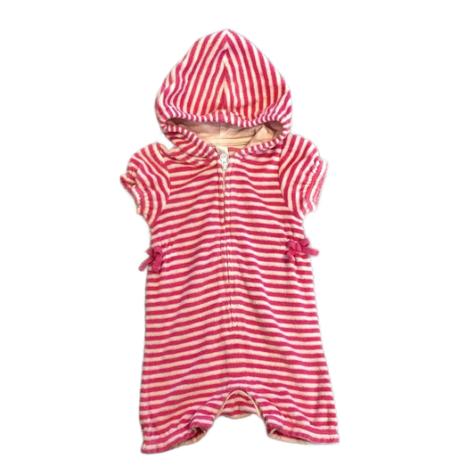 6-12 Girls Baby Gap White and Hot Pink Striped Terry Cloth Swim Coverup With Hood