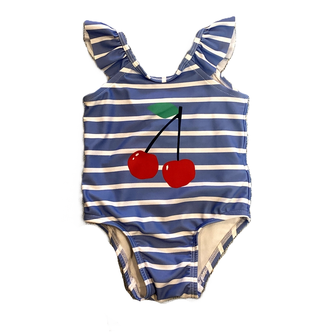 0-6 Girls Baby Gap Blue and White Striped Cherry One-Piece Swimsuit w/ Bow on Back