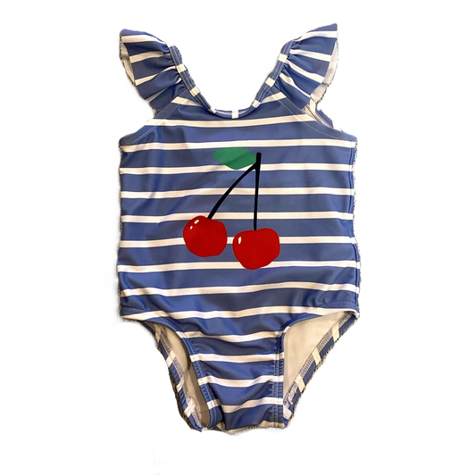 0-6 Girls Baby Gap Blue and White Striped Cherry One-Piece Swimsuit w/ Bow on Back