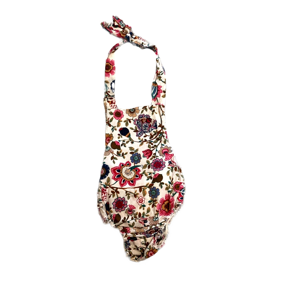 6-12 Girls Multi-Colored Paisley Print Halter Overalls w/Ruffled Bottom