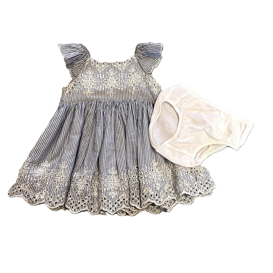 6-12 Girls Baby Gap Light Blue and White Pinstriped Dress w/Lace Detailing, White Bloomers