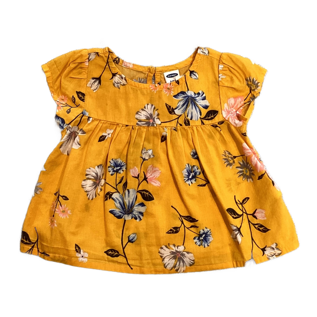 6-12 Girls Old Navy Mustard Yellow Floral Patterned Short Sleeve Top