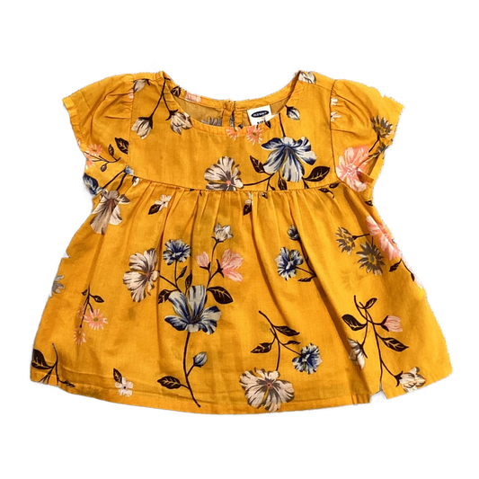6-12 Girls Old Navy Mustard Yellow Floral Patterned Short Sleeve Top