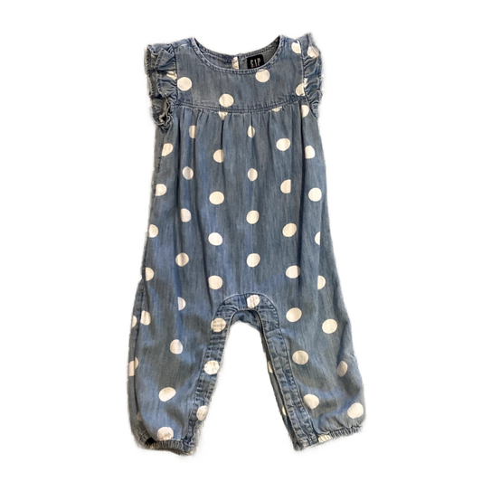 6-12 Girls Gap Denim Light Denim and White Polka Dot Jumpsuit w/Ruffled Sleeves