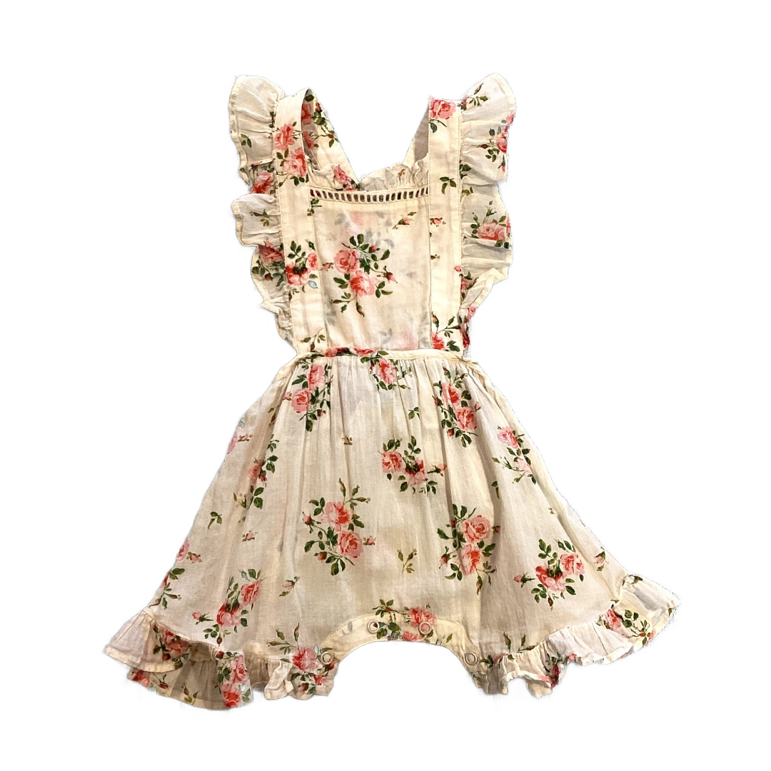 6-12 Girls Happy Nature Ivory and Rose Patterned Overalls w/Ruffles, Crossed Back