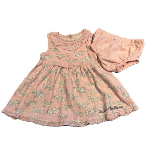 3-6 Girls Calvin Klein Pink Floral Dress, Matching Bloomers