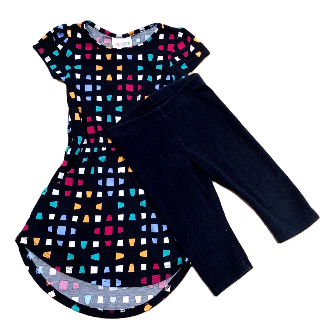 2T Girls LulaRoe Black High Low Dress w/Colored Blocks, Cat & Jack Black Capris