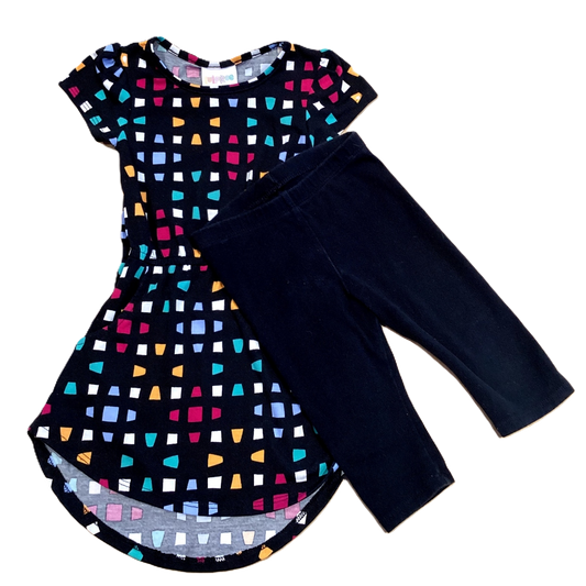 2T Girls LulaRoe Black High Low Dress w/Colored Blocks, Cat & Jack Black Capris