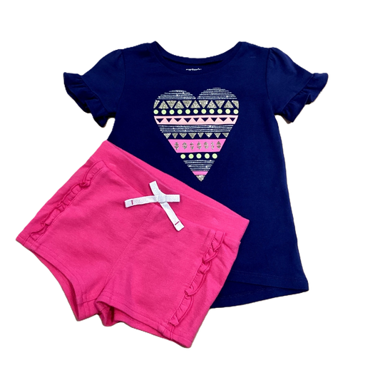 2T Girls Carter's Navy Shirt w/Hot Pink/Peach/Gold Glitter Heart, Jumping Beans Shorts