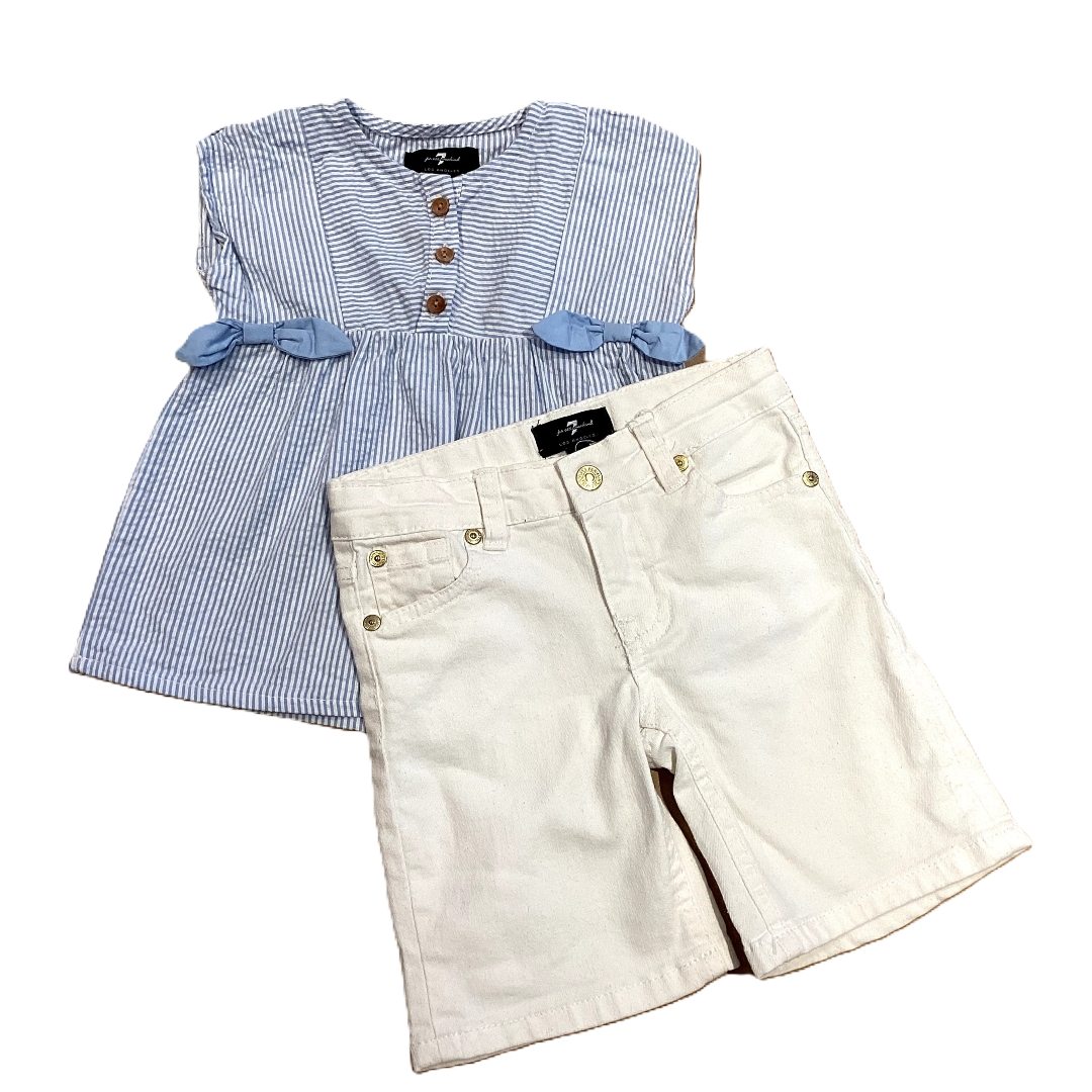 2T Girls 7 For All Manind White/Light Blue Seersucker Blouse, Matching White Denim Capris