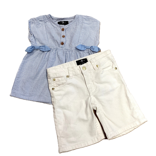 2T Girls 7 For All Manind White/Light Blue Seersucker Blouse, Matching White Denim Capris