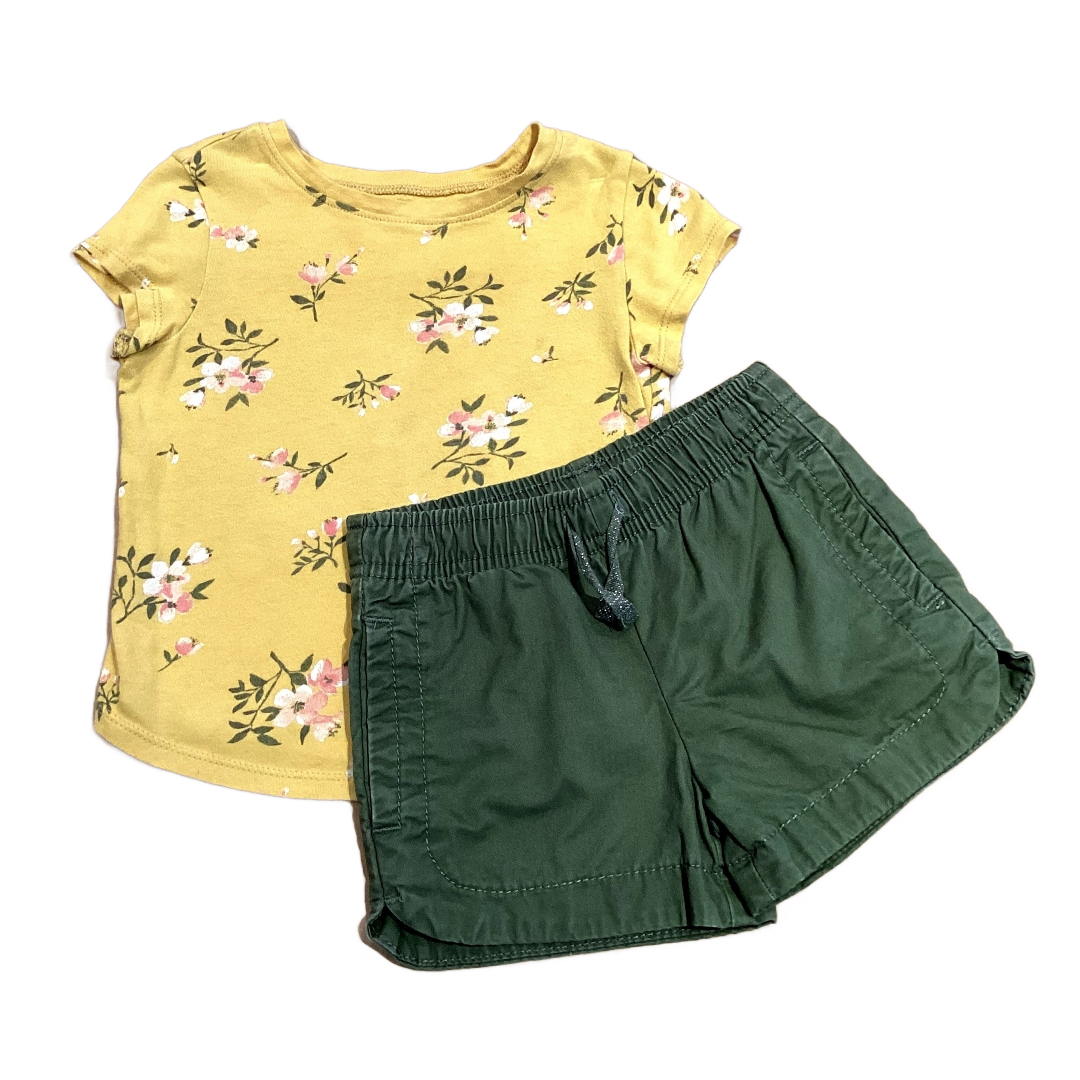 2T Girls Old Navy Mustard Floral Shirt w/Carter's Olive Shorts