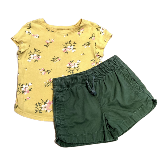 2T Girls Old Navy Mustard Floral Shirt w/Carter's Olive Shorts