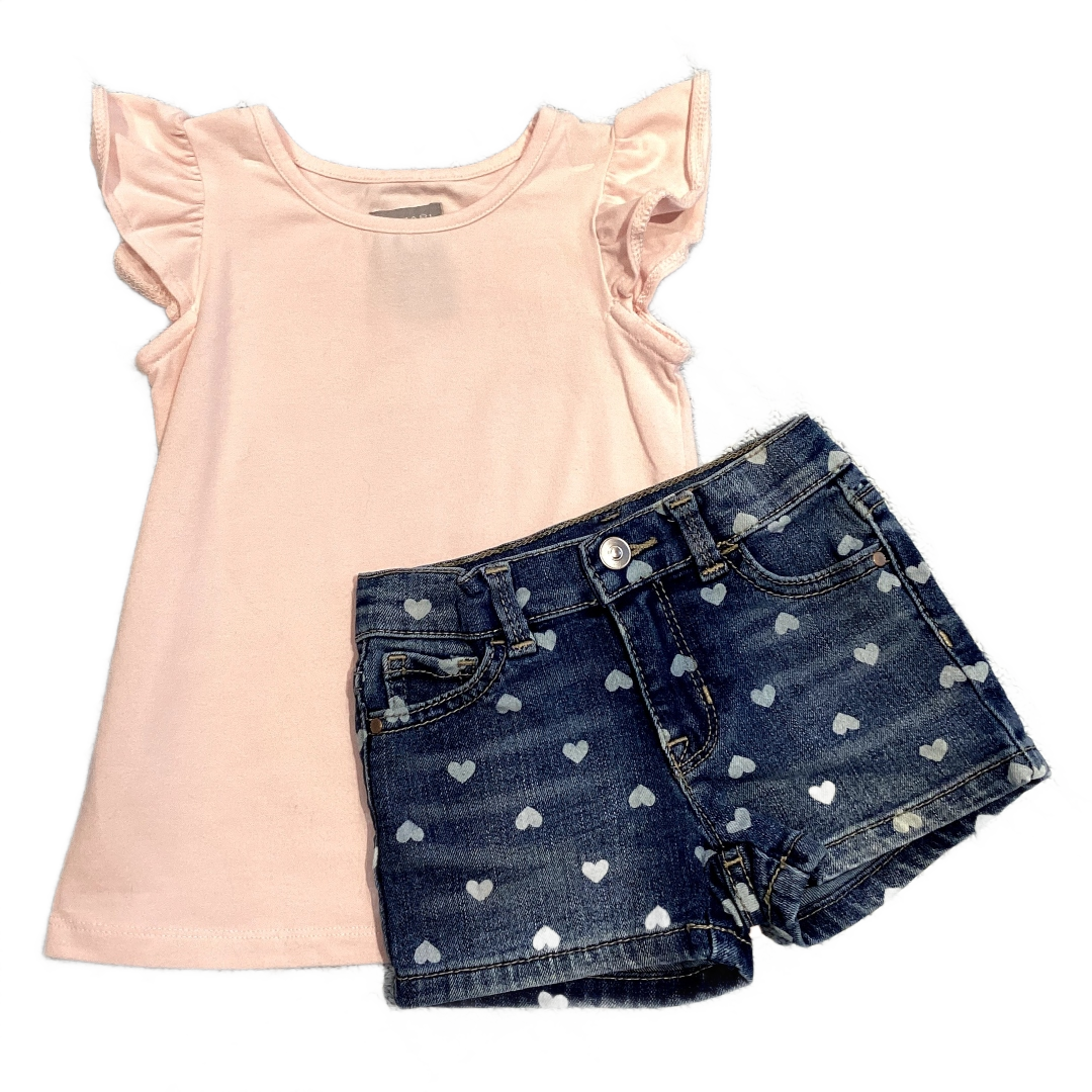 2T Girls Tahari Baby Pink Shirt w/Ruffled Sleeves, Wonder Nation Denim Shorts w/Hearts