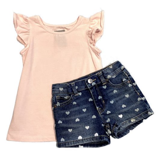 2T Girls Tahari Baby Pink Shirt w/Ruffled Sleeves, Wonder Nation Denim Shorts w/Hearts