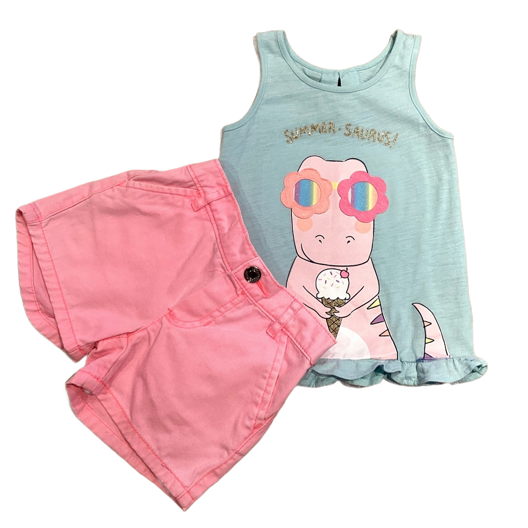 2T Girls Carter's Aqua Summer-Saurus Tank Top, Carter's Neon Pink Shorts