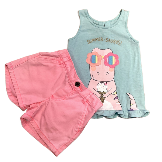2T Girls Carter's Aqua Summer-Saurus Tank Top, Carter's Neon Pink Shorts