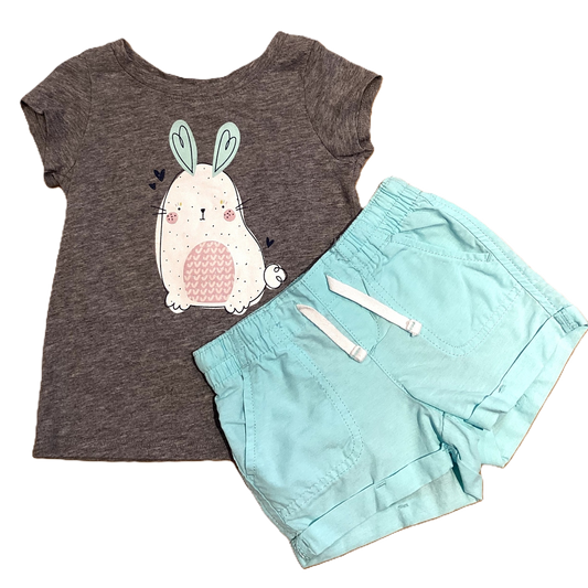 2T Girls Cat & Jack Gray Bunny Shirt w/Mint Ears, Jumping Beans Mint Shorts