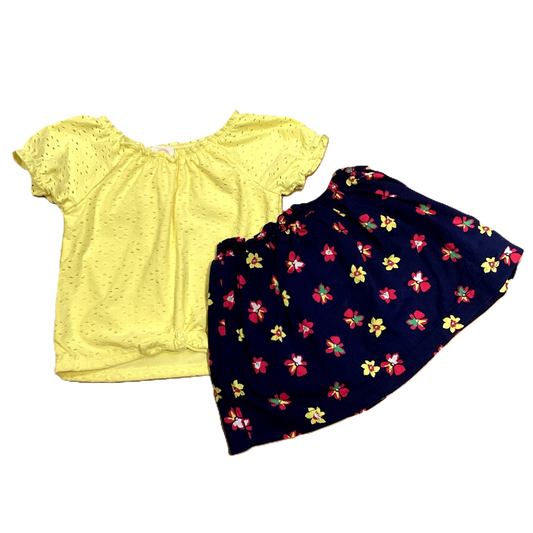 2T Girls Wonder Nation Bright Yellow Eyelet Shirt, Baby Gap Navy Floral Skirt