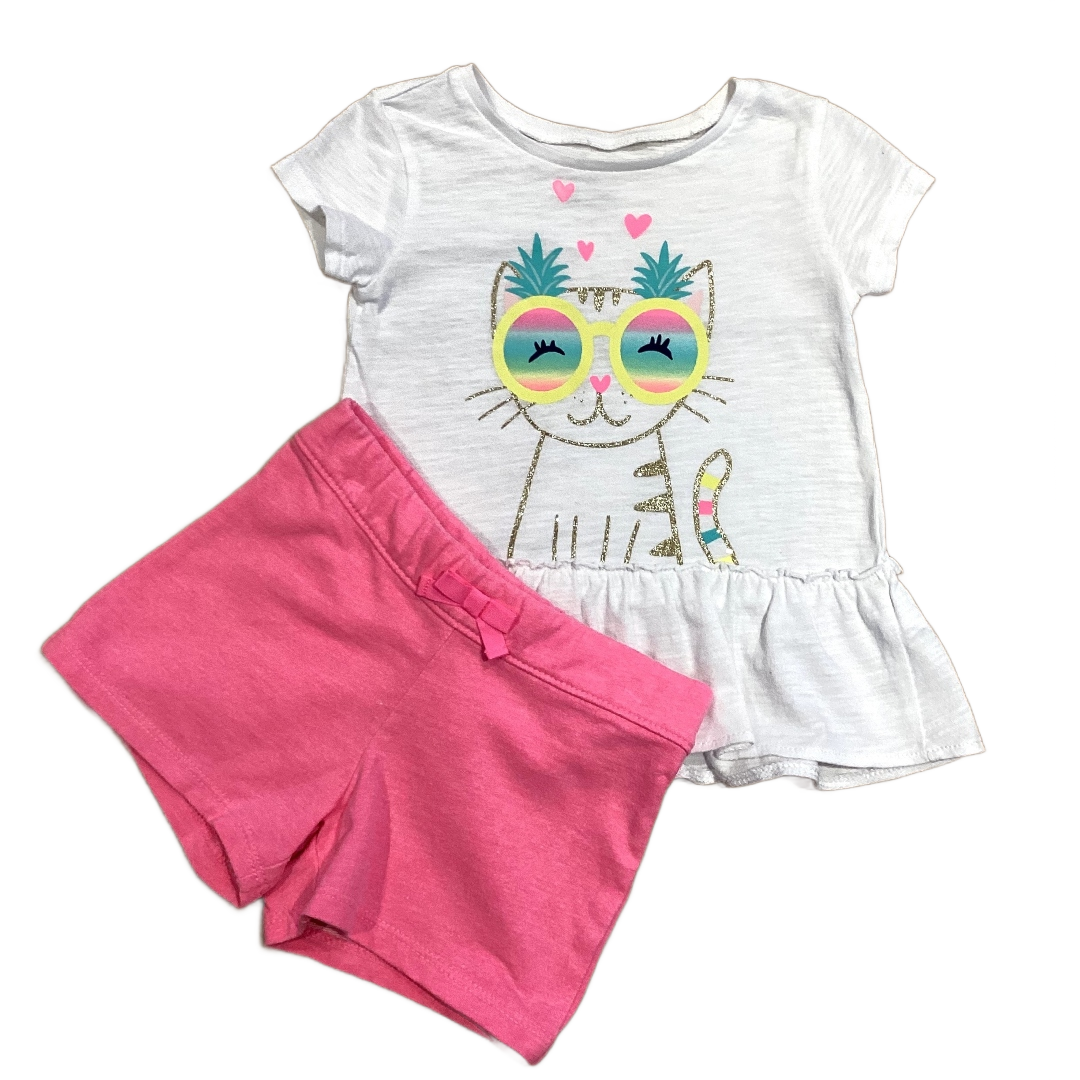 2T Girls Carter's White Kitty In Shades Shirt w/Ruffle, Carter's Bright Pink Shorts