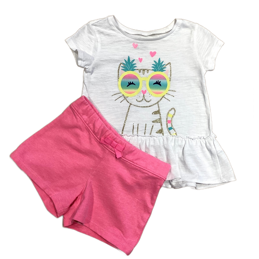2T Girls Carter's White Kitty In Shades Shirt w/Ruffle, Carter's Bright Pink Shorts