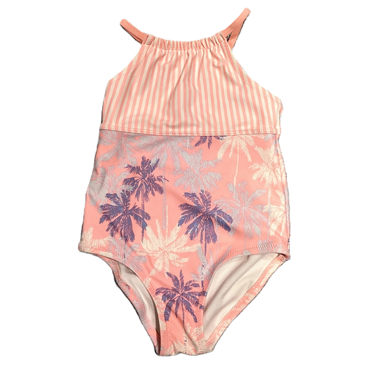 2T Girls Osh Kosh Light Pink Swimsuit With Stripes and Palm Trees