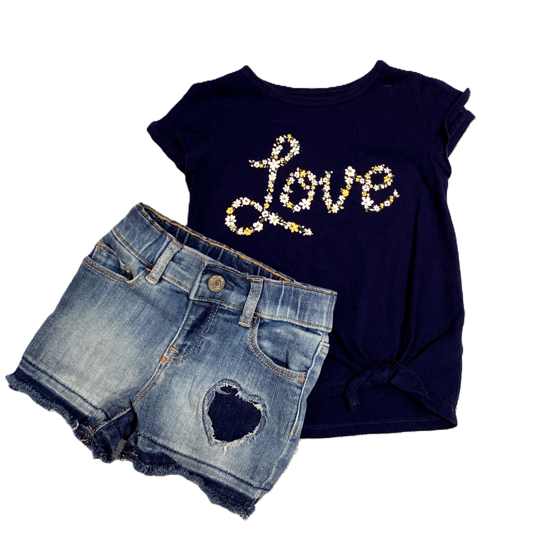 2T Girls Carter's Navy Blue Floral Love Shirt, Baby Gap Denim Shorts w/Heart