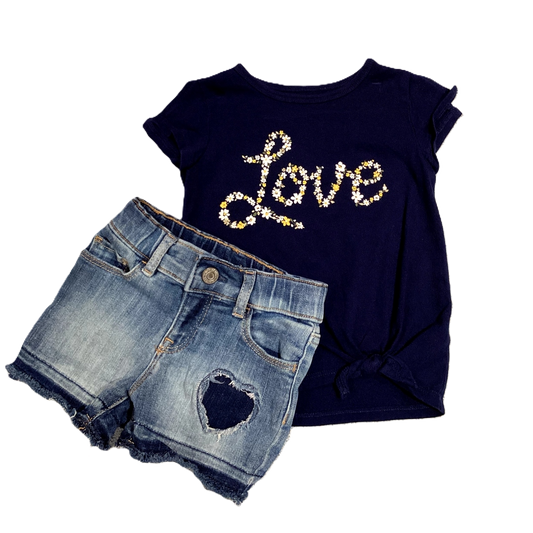 2T Girls Carter's Navy Blue Floral Love Shirt, Baby Gap Denim Shorts w/Heart