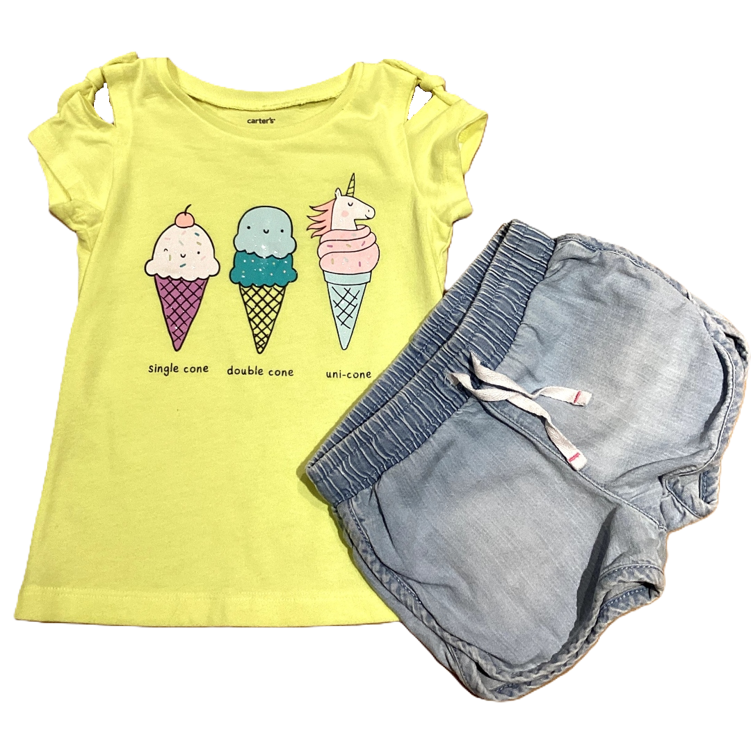 2T Girls Carter's Bright Yellow Unicorn Shirt, Cat & Jack Light Chambray Shorts