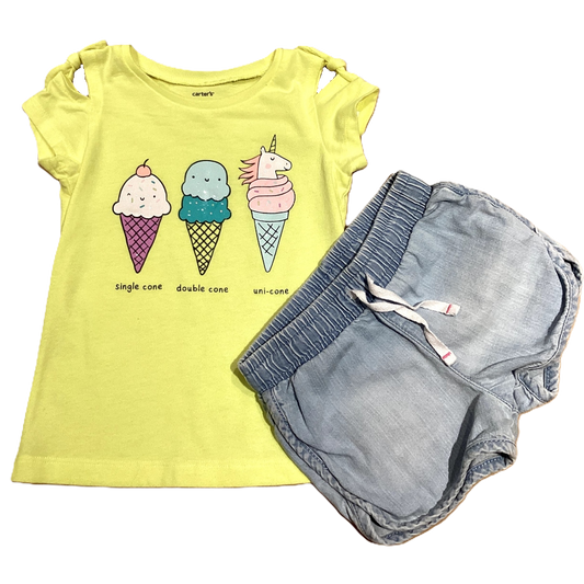 2T Girls Carter's Bright Yellow Unicorn Shirt, Cat & Jack Light Chambray Shorts