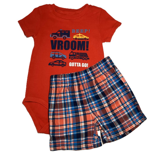 18-24 Boys Carter's Red Beep Vroom Onesie, Matching Plaid Shorts