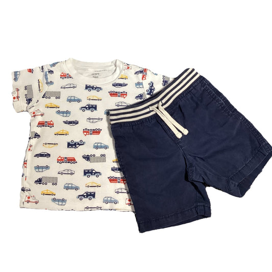 18-24 Boys Carter's White Tshirt w/Multi Colored Cars, Gymboree Shorts