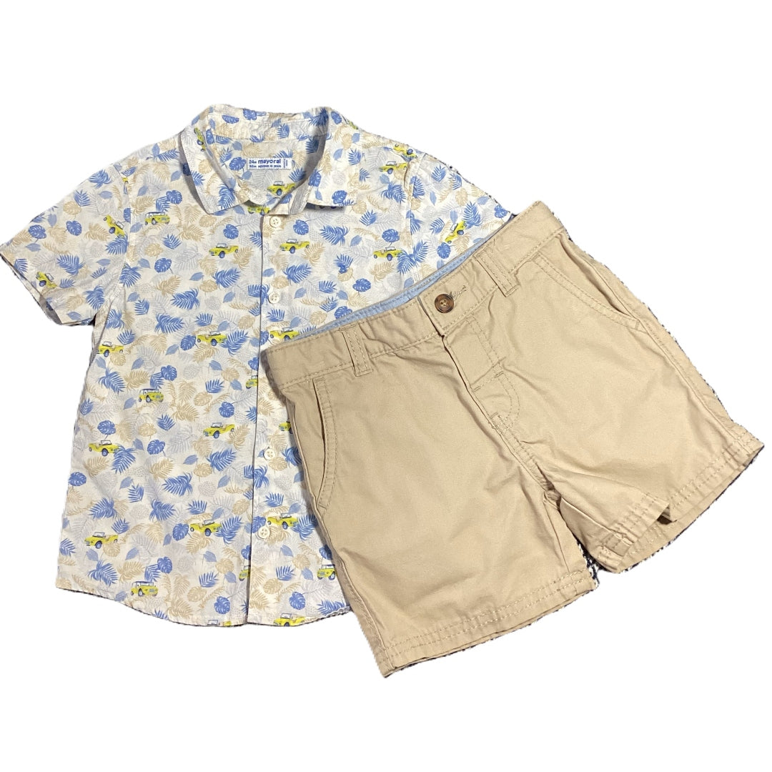 18-24 Boys Mayoral White Button Down w/Blue and Khaki Palm Leaves, Khaki Shorts