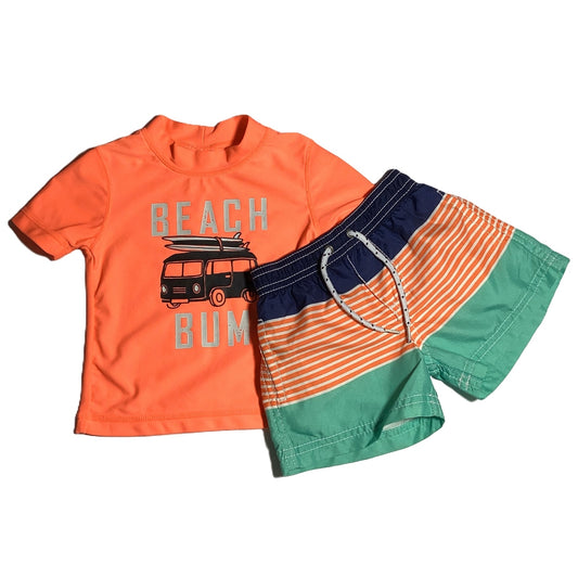3-6  Boys Carter's Neon Orange Beach Bum Swim Shirt, Matching Trunks