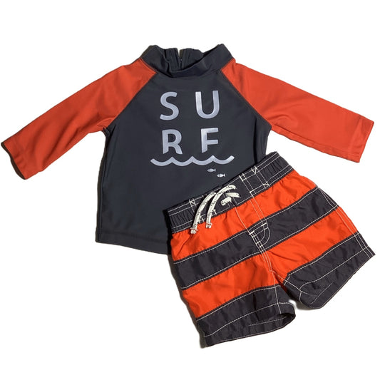 3-6  Boys Baby Gap Terra Cotta & Charcoal Swim Shirt and Trunks