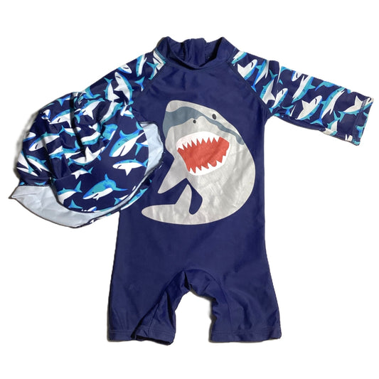 3-6  Boys Royal Blue One Piece Swimsuit w/Shark and Hat w/Neck Protection