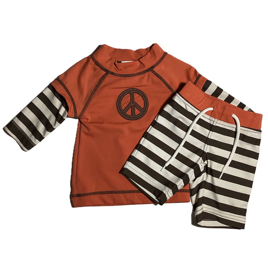3-6  Boys Gymboree Clay and Brown Striped Swim Shirt and Trunks