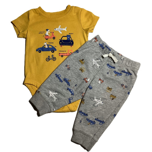 3-6  Boys Carter's Yellow Vehicle Onesie w/Matching Lightweight Sweats