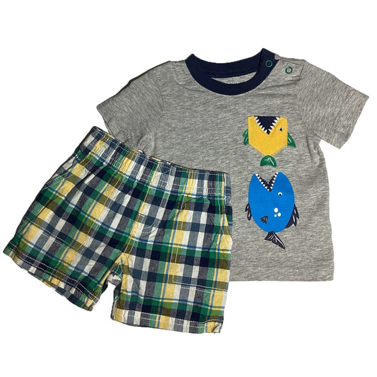 3-6  Boys Carter's Gray Tshirt w/Pirahnas, Matching Plaid Shorts