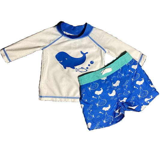 3-6  Boys White Swim Shirt w/Bright Blue Whale, Matching Trunks
