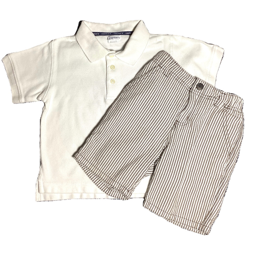 3T Boys Carter's White Polo Shirt, Gymboree Brown Seersucker Shorts