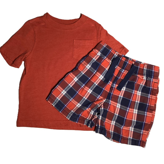 3T Boys Old Navy Red Pocket Tshirt, OshKosh Plaid Shorts