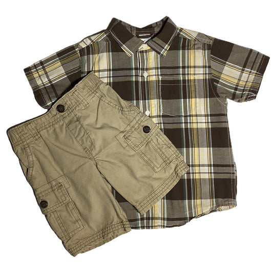 3T Boys Gymboree Brown Plaid Button Down, Carter's Khaki Shorts