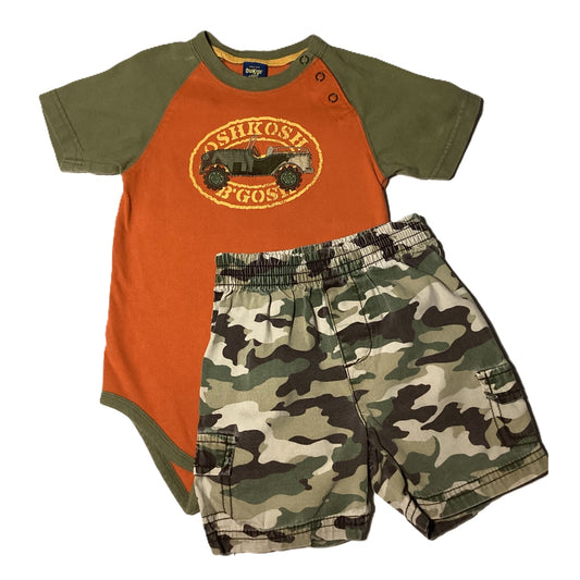 18-24 Boys OshKosh Clay/Olive Onesie, Jumping Beans Camo Shorts