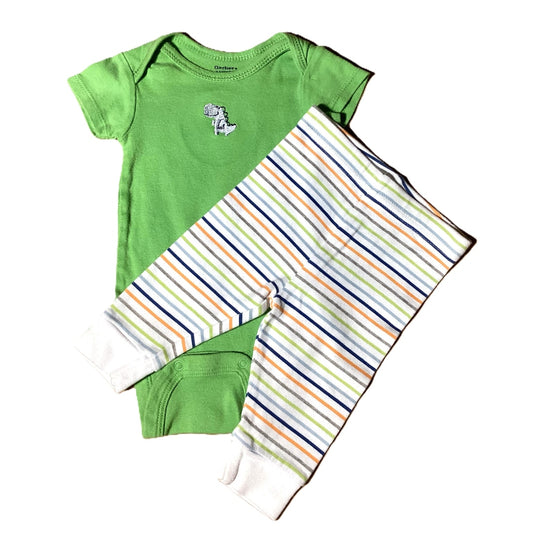 0-3 Boys Gerber Bright Green Onesie w/Dino, Garanimals Striped Pants