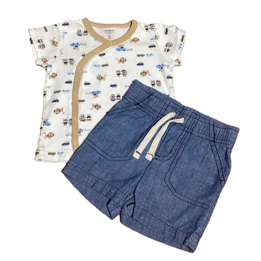 0-3 Boys Carter's White Side Snap Shirt w/Lions, Monkeys and Cars, Jumping Beans Shorts