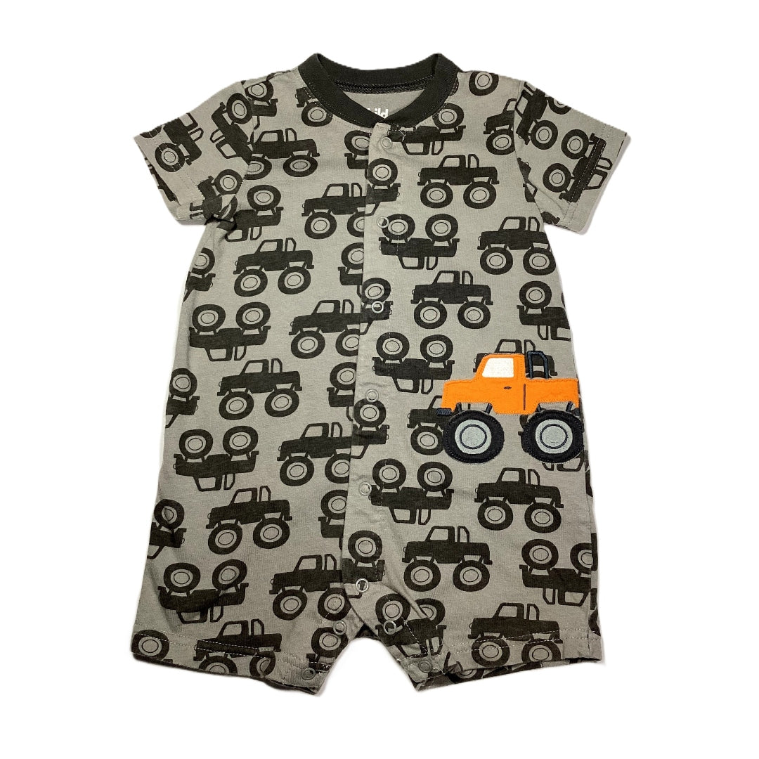 12-18 Boys  Child of Mine Gray Romper w/Dark Gray Monster Trucks