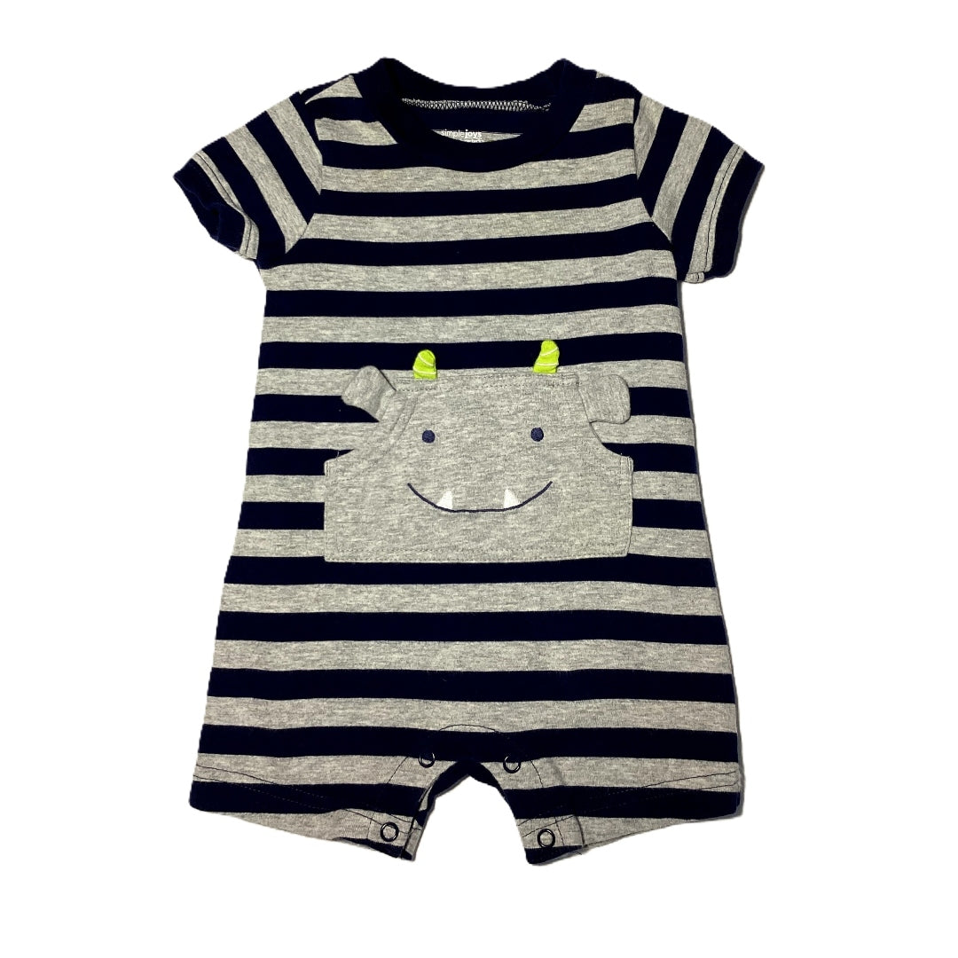 3-6 Boys Just One You Blue/Gray Stripe Romper w/Monster Pocket